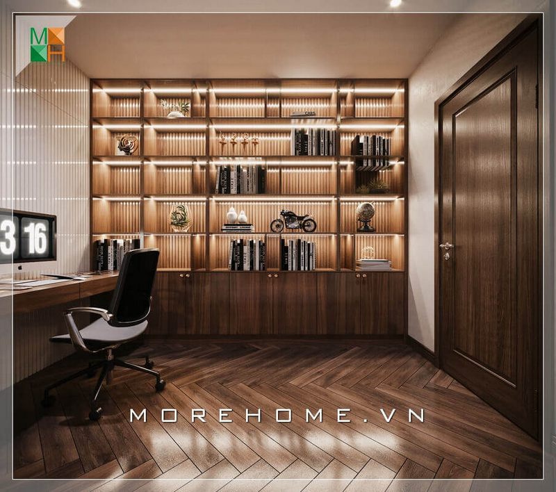 Mẫu thiết kế phòng làm việc với nội thất từ gỗ công nghiệp sẽ tạo nên một vẻ đẹp cao cấp và sang trọng cho căn phòng.
